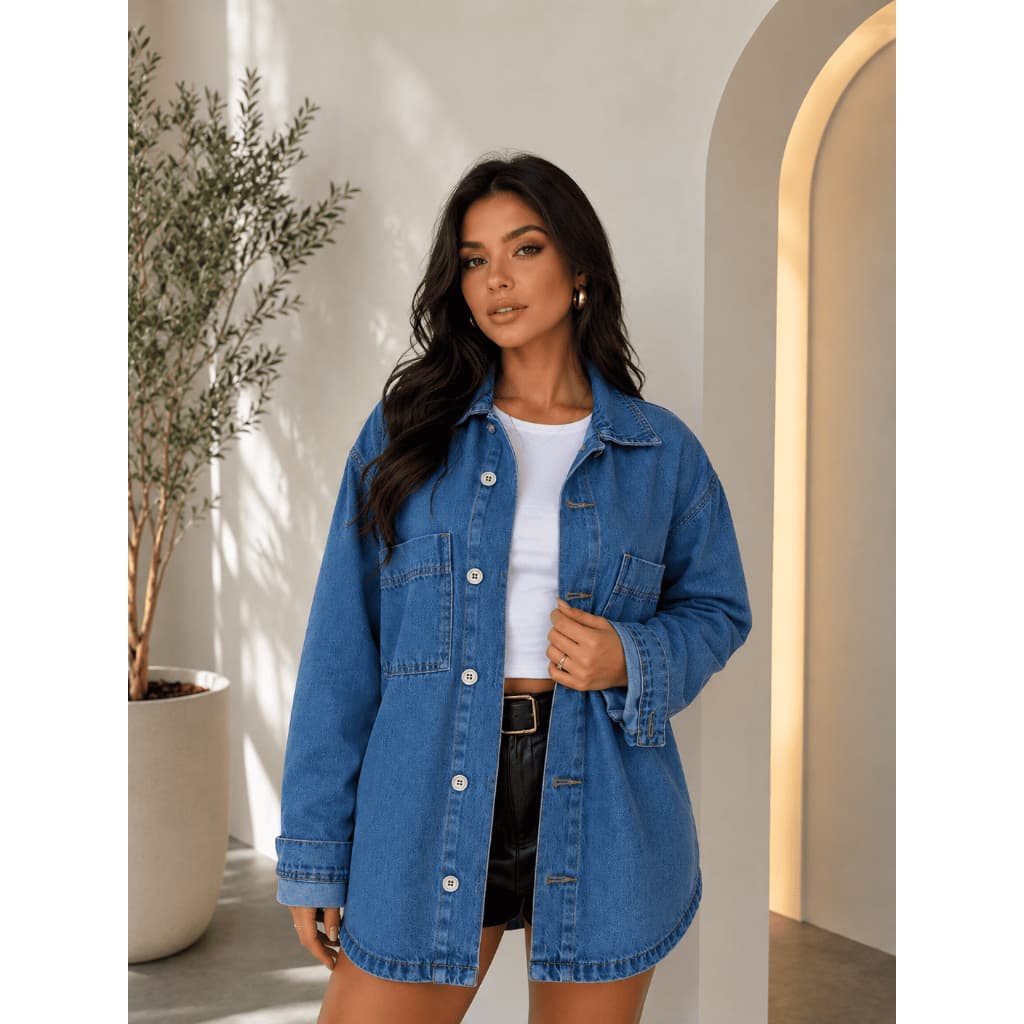 Camisa Jaqueta Feminina Jeans Grosso Oversized Manga Longa Bolso Frontal Tendência Moda Blogueir