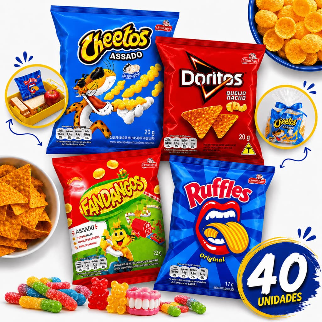 Kit 40 Salgadinhos Sortidos Elma Chips Doritos Cheetos Ruffles Fandangos Festa Lanche Lembrancinha Presente