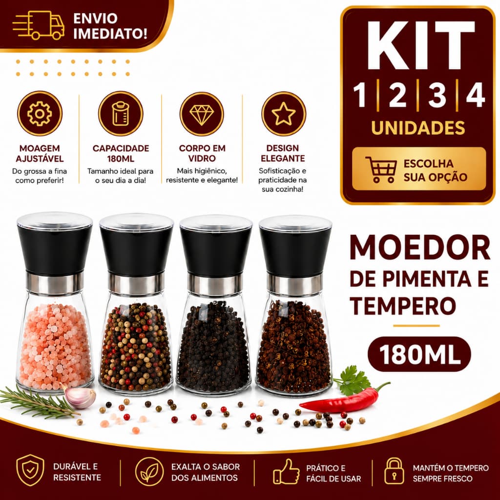 Moedor de Pimenta e Temperos 1/2/3/4 180ml Ajustável Manual Corpo em Vidro Premium