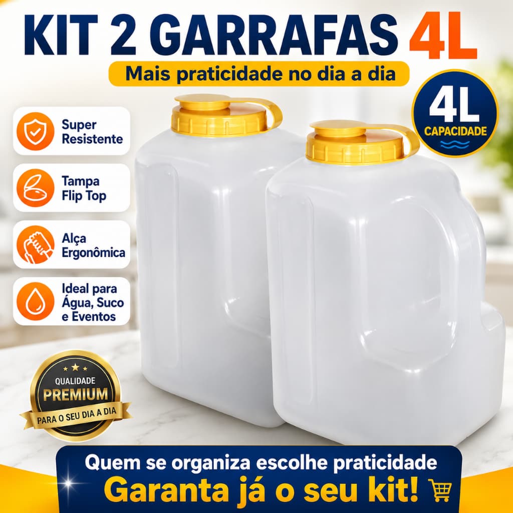 Kit 2 Garrafas de 4 Litros com Tampa Flip Top Água Suco Plástico Resistente Grande Geladeira