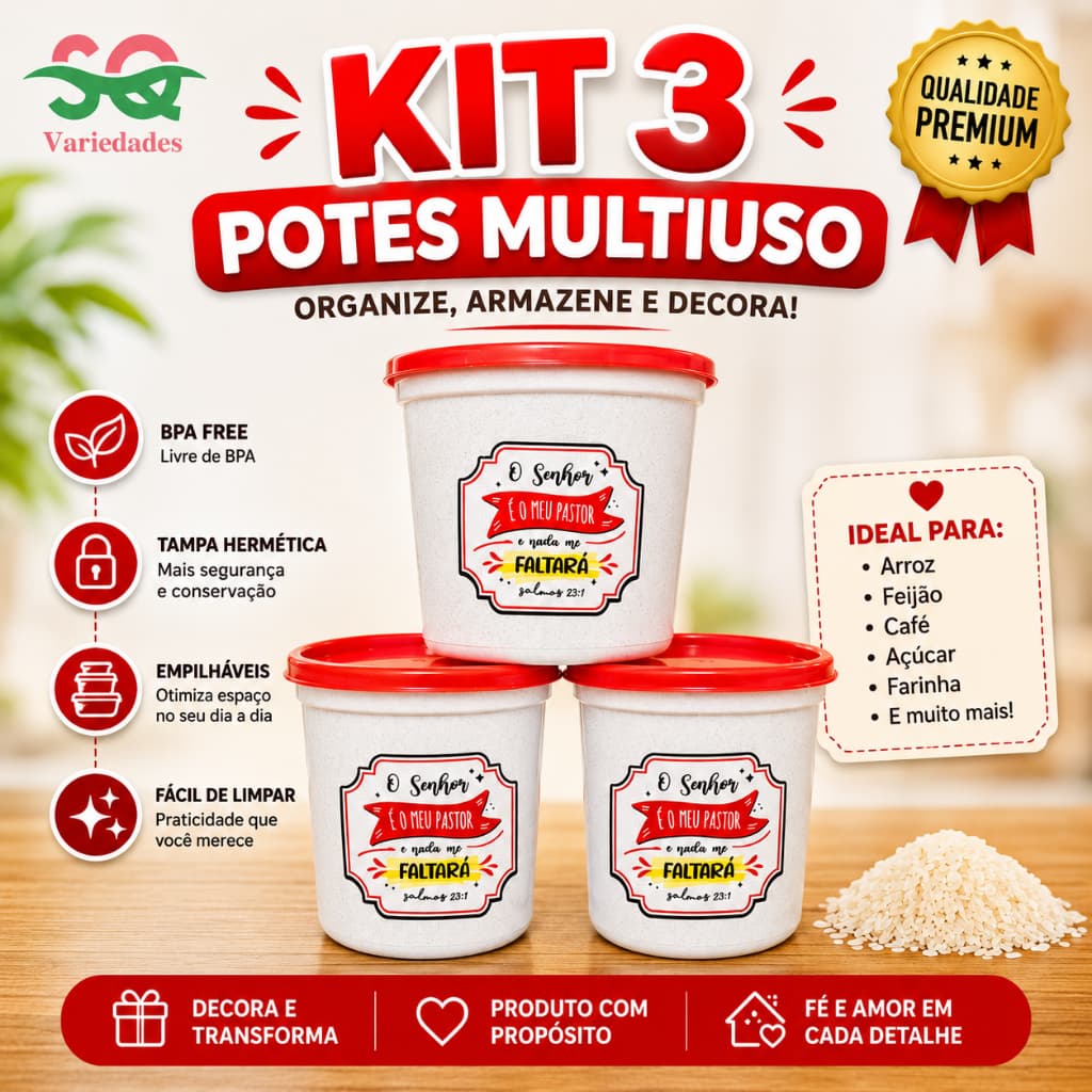 Kit 3 Potes Porta Mantimentos 500Gr Café1Kg Açúcar 1Kg Farinha  Com Frases Bíblicas E Motivacionais