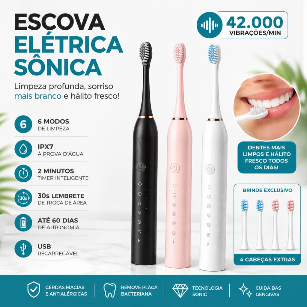 Escova de Dentes Elétrica Sônica USB 42000 Vibrações/min 6 Modos IPX7 À Prova D'Água + 4 Refis