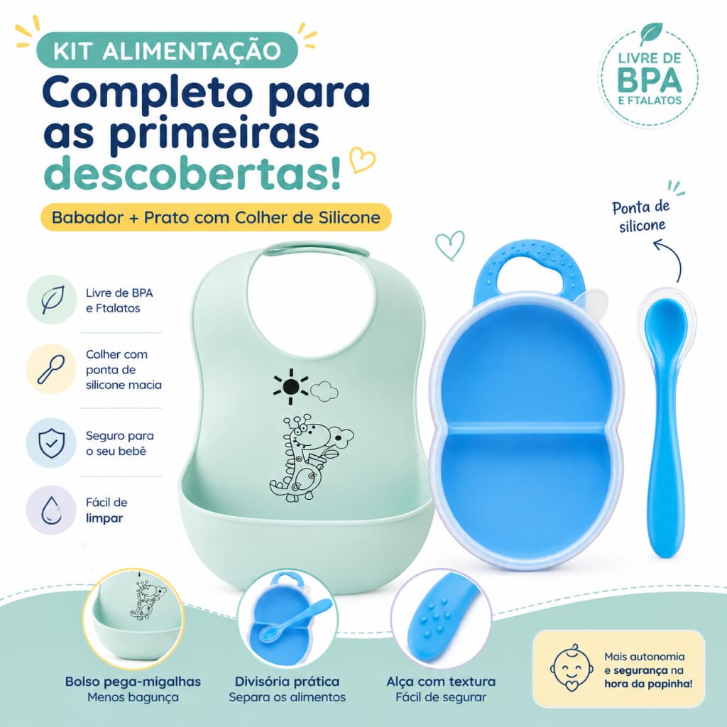 Kit Pratinho com Tampa + Babador Cata Migalhas de Silicone Para Bebê