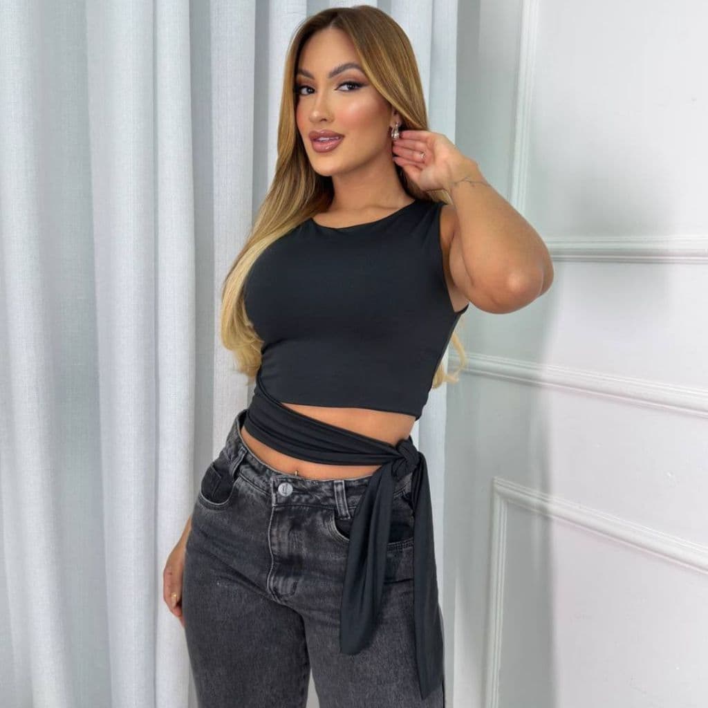 Blusa Cropped Feminino Estilosa Suplex Forro Duplo Laço Lateral Amarração Moda Gringa