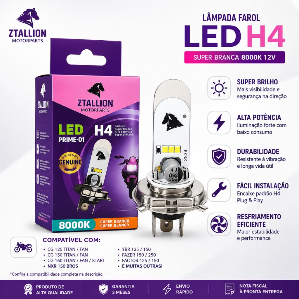 Lâmpada Farol Led Super Branca H4 Moto 8000k 12v