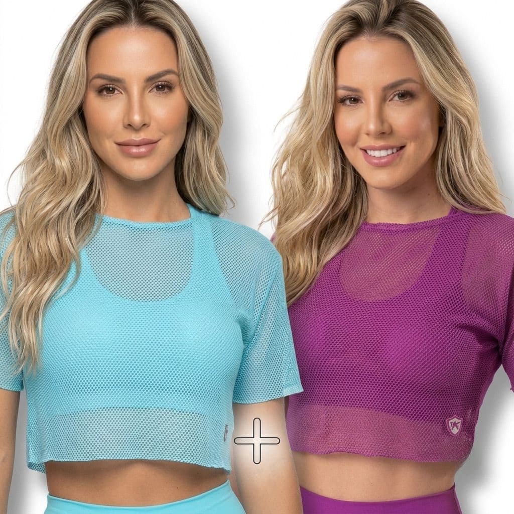 KIT 2 BLUSAS CROPPED FUCSIA AZUL TELA TULE ARRASTÃO TRANSPARENTE ACADEMIA FITNES TREINO SOBREPOSIÇÃO