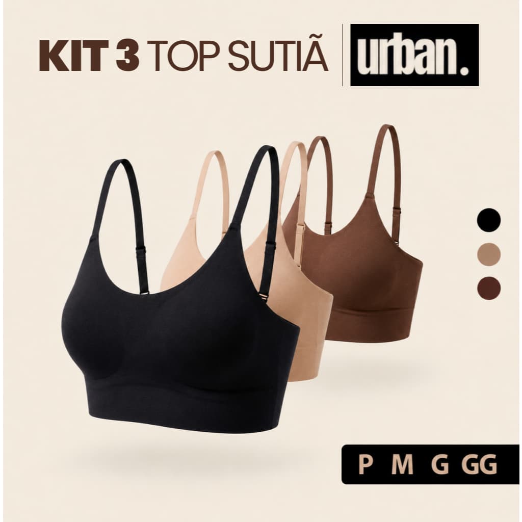 Kit 3 Top Sutiã Com Alça E Fecho Ajustável Confortável Básico Reforçado Sem Costura Bojo Removível