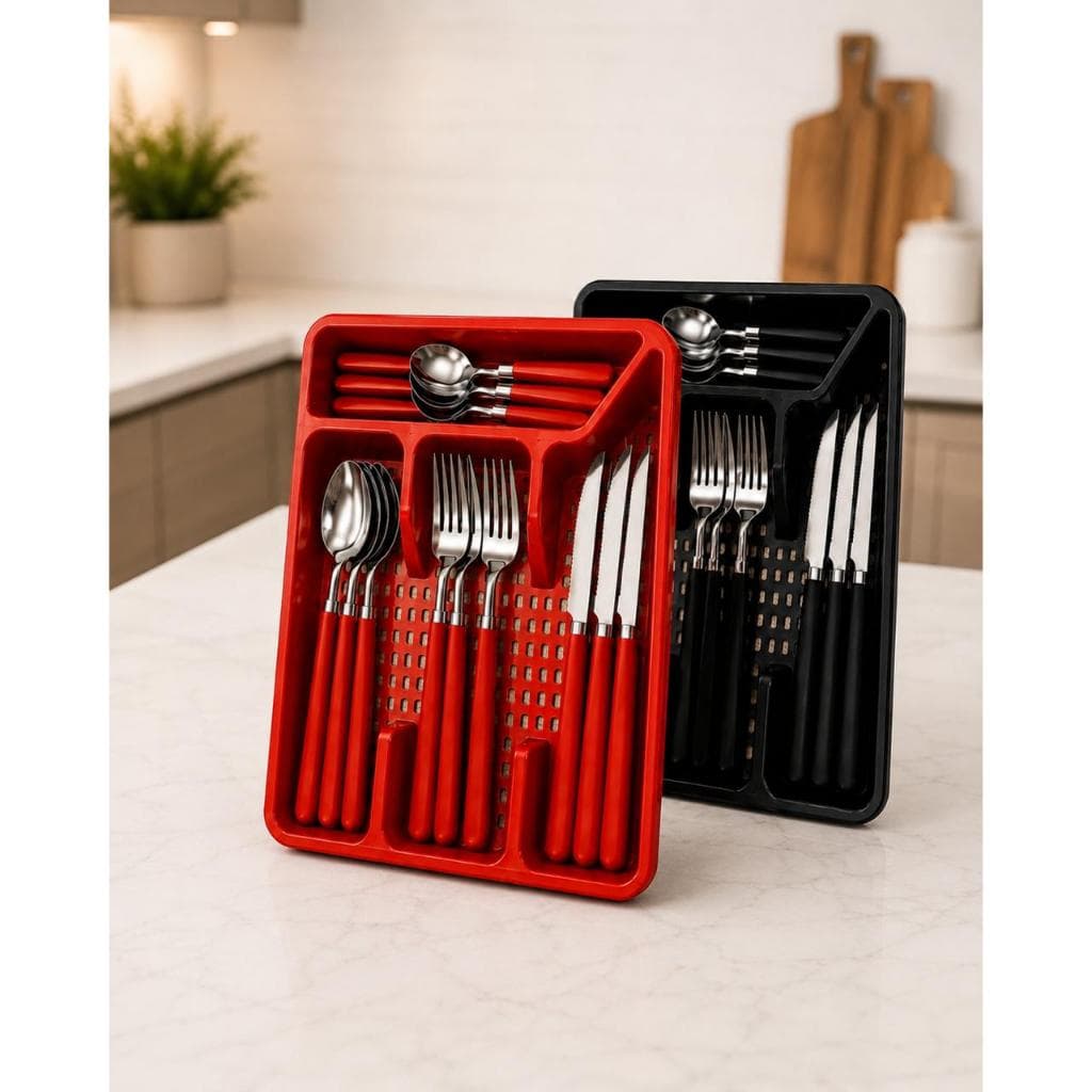 Jogo De Talheres 17 Peças Aço Inox Com Gaveteiro Conjunto Garfo Faca Colher Cozinha Preto Vermelho