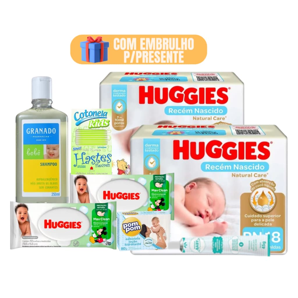 Kit Fraudas Descartáveis Huggies Lenços Umidecidos Shampoo Chá de Bebê