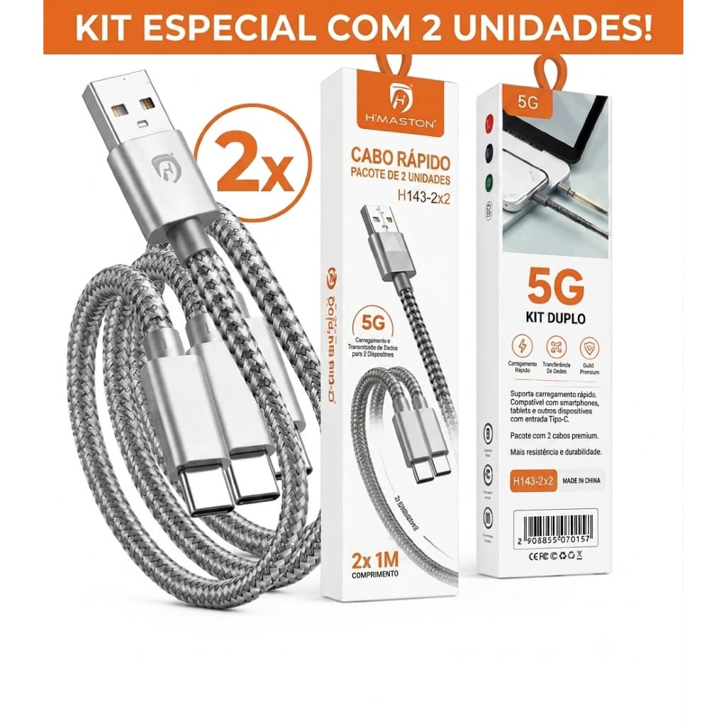 Kit 2 Cabos USB-C Turbo 5G H’Maston 1M — Para Celular, Tablet e Notebook