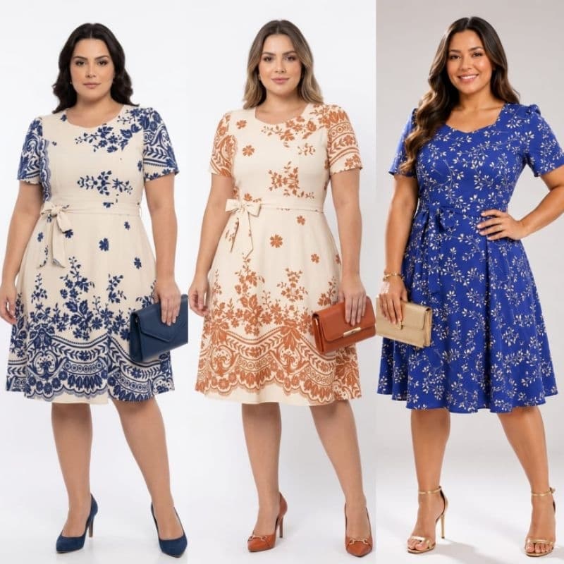 Vestido Midi Evangelico Feminino Floral barrado ,poá ,Look Elegante Para Culto  E Dia A Dia