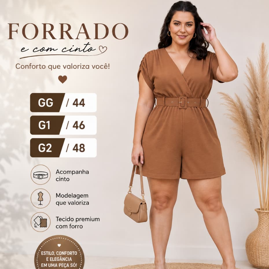 Macacão Curto Femnino Plus Size GG G1 G2  Forrado Com Cinto  Tecido Duna Premium Elegante