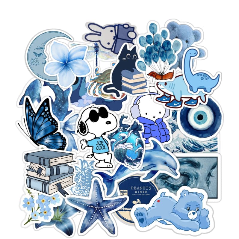 Stickers 28 Adesivos Azul Blue Style Aesthetic Kawaii para Colagem Scrapbook Notebook Kindle Papelaria