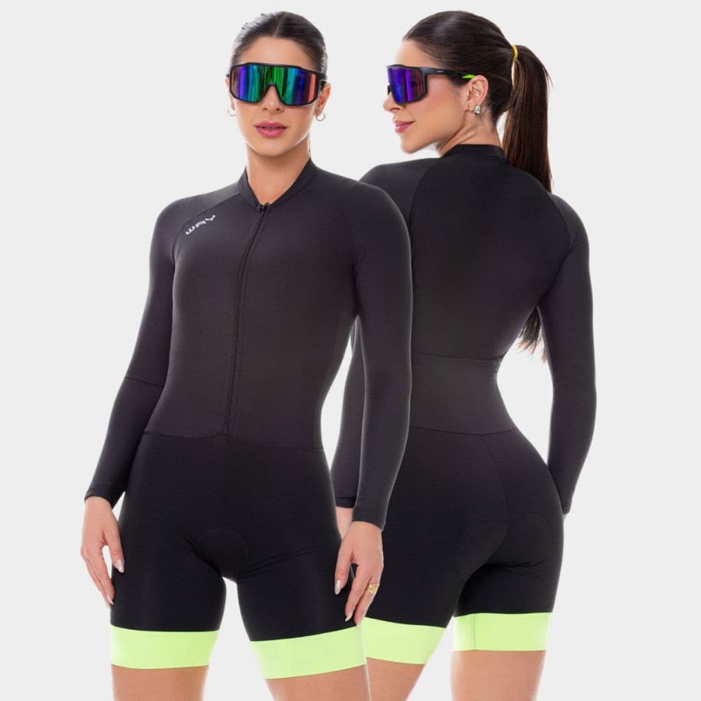 Macaquinho Ciclismo Feminino Macacão Forro Gel Alta Densidade Almofadado Preto Verde Bike Pedal Mtb
