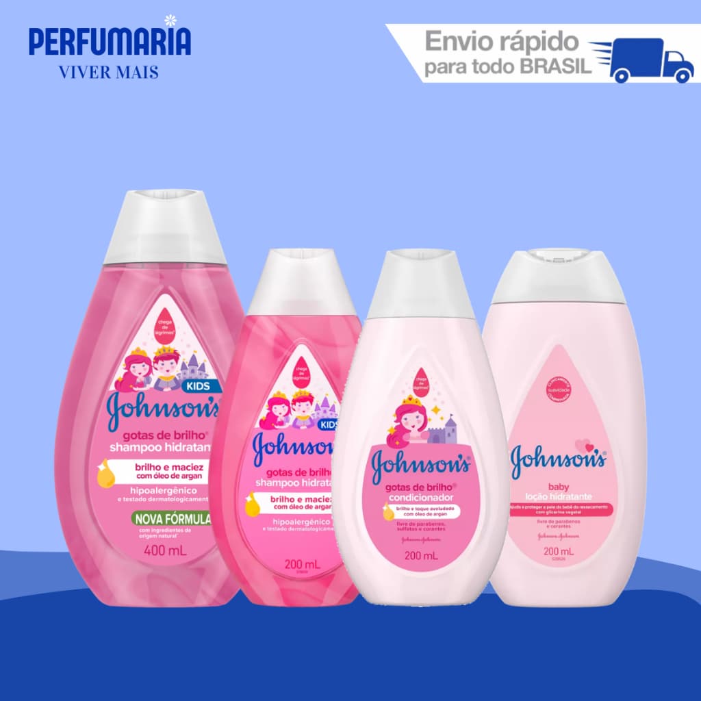 KIT JOHNSON'S BABY Gotas de Brilho - Shampoo + Condicionador + Loçao Hidratante