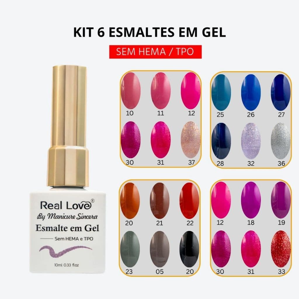 Kit 6 Esmaltes Em Gel Sem TPO e Sem Hema Coleção by Manicure Sincera 10 ml - Real Love