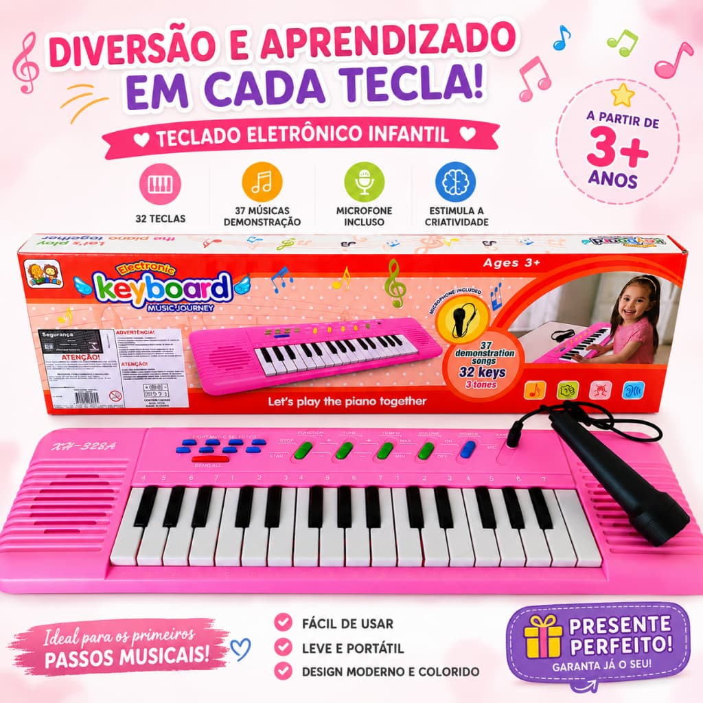 Teclado Musical Infantil Rosa 32 Teclas com Microfone Som e Melodias Educativo