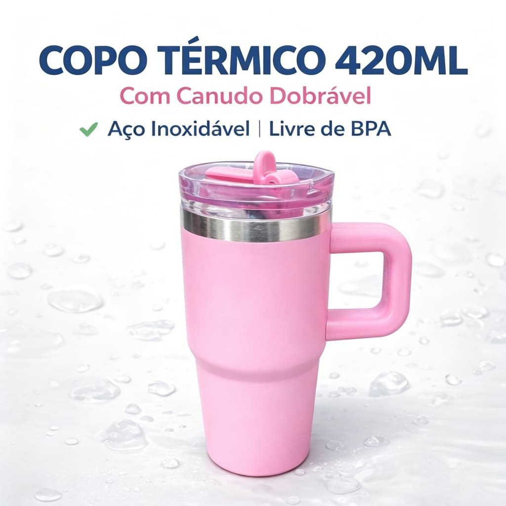 Copo Térmico 450ml Inox com Alça e Canudo Dobrável