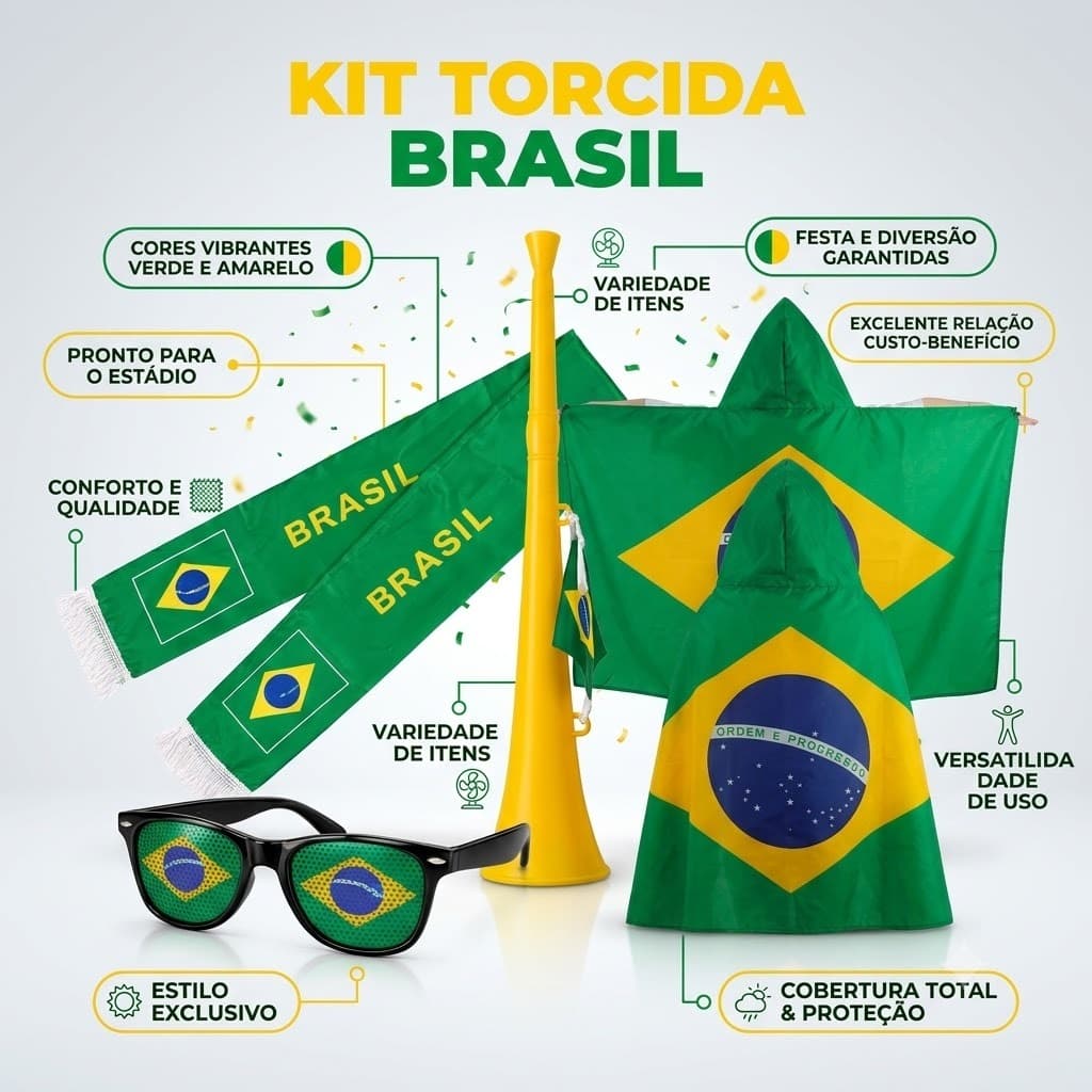 Kit Torcedor Seleção Copa Do Mundo Brasil 2026 Hexa Vuvuzela Óculos Cachecol Envio Rápido