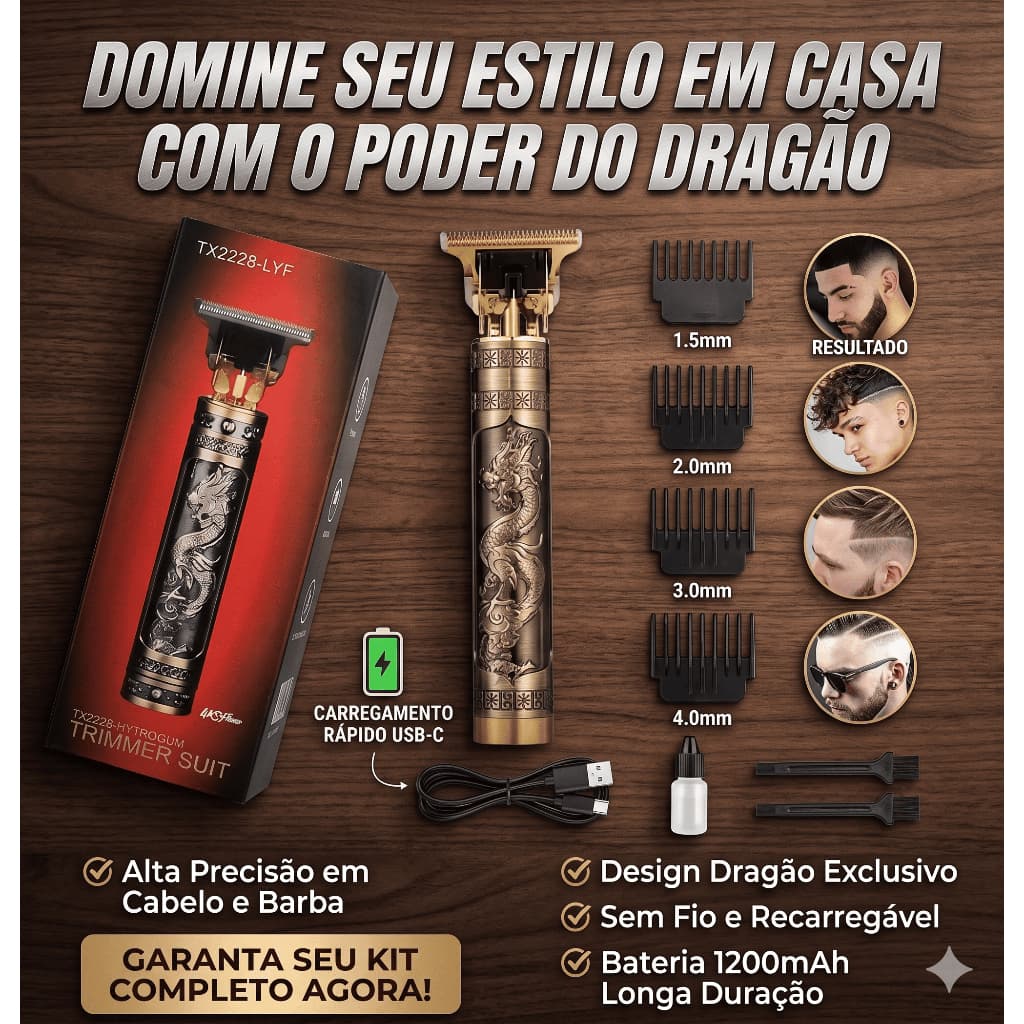 MÁQUINA DE ACABAMENTO DRAGÃO SEM FIO RECARREGÁVEL – 4 PENTES