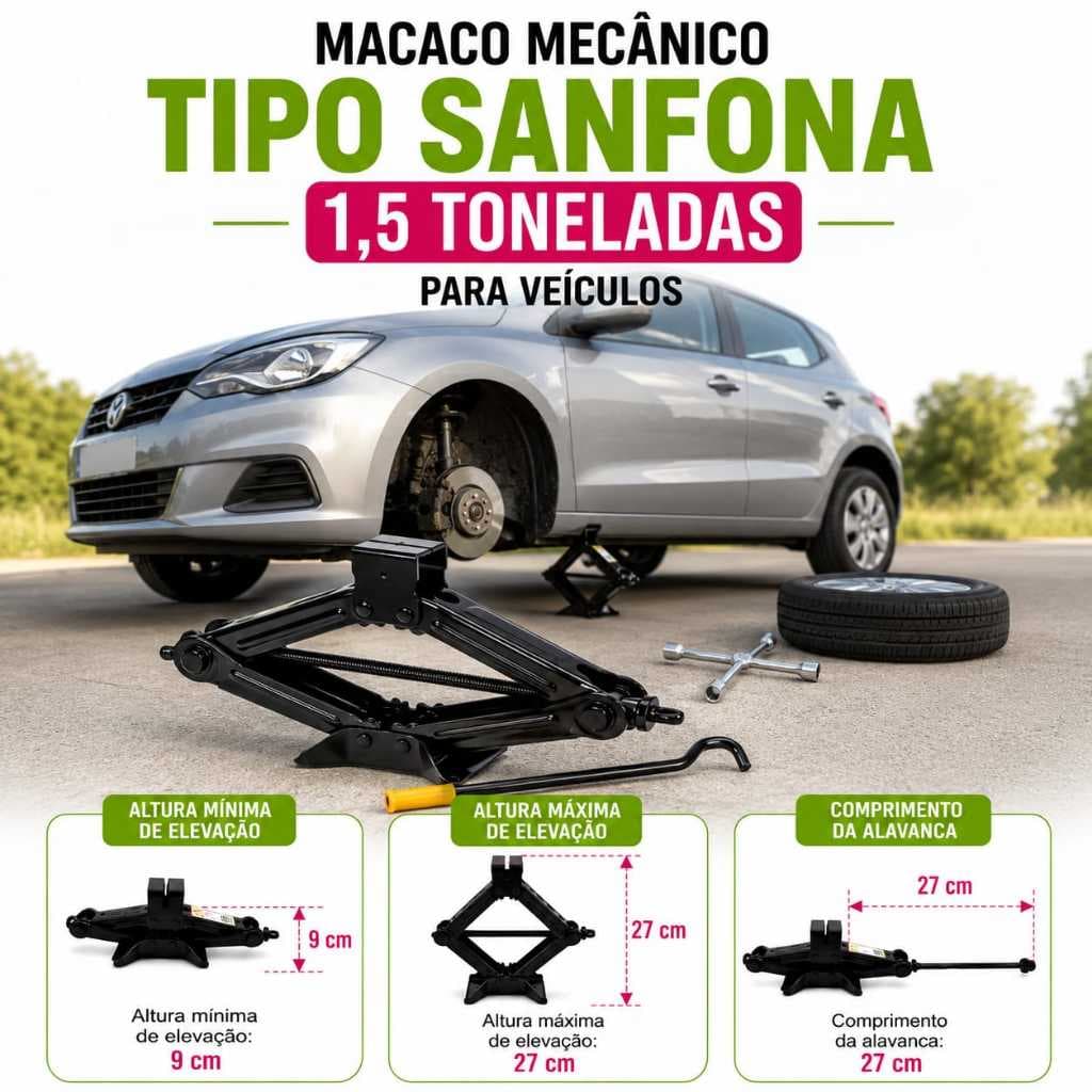 Macaco Mecânico Tipo Sanfona 1,5 Toneladas, IDEA, Ferramenta e Manutenção Automotiva, Portátil, Tamanho Compacto