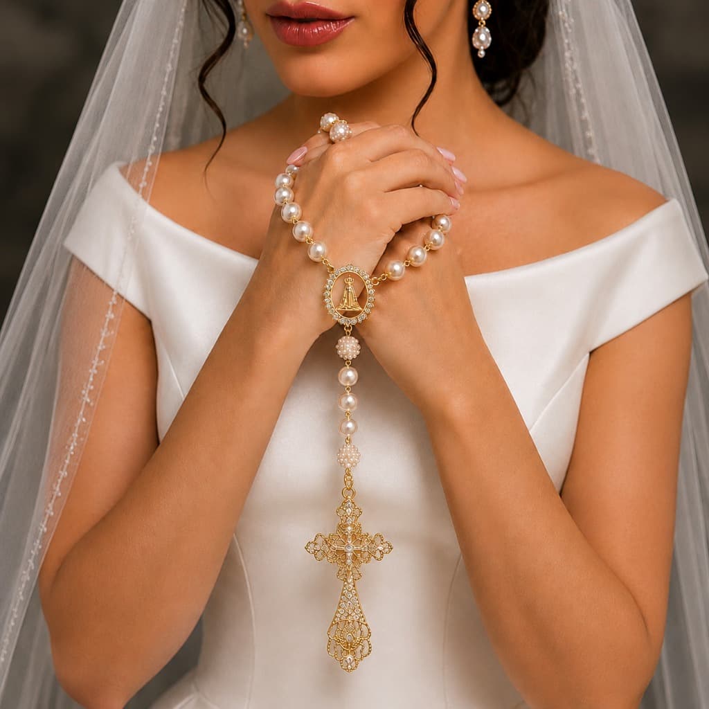 Terço de Noiva Dourado em Pérolas Nossa Senhora Aparecida Rosário Artesanal para Casamento Religioso