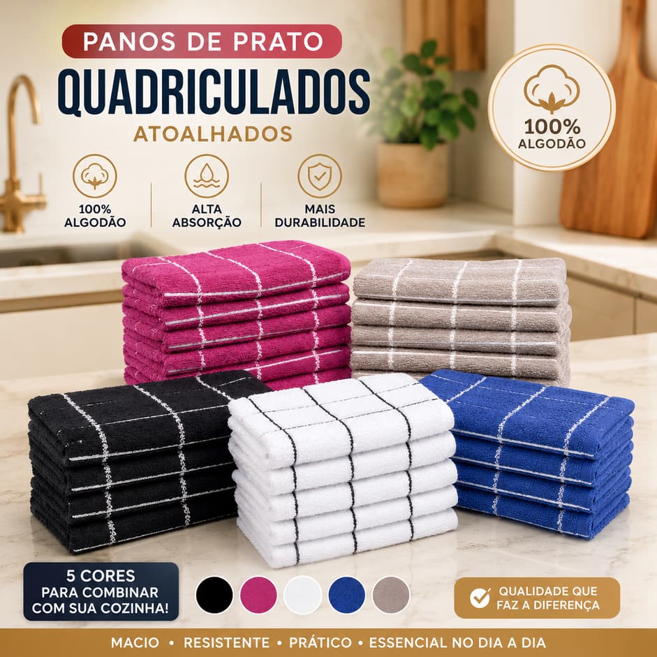 KIT 5 e 10 Pano De Prato Copa Atoalhado Xadrez Felpudo 100% Algodão