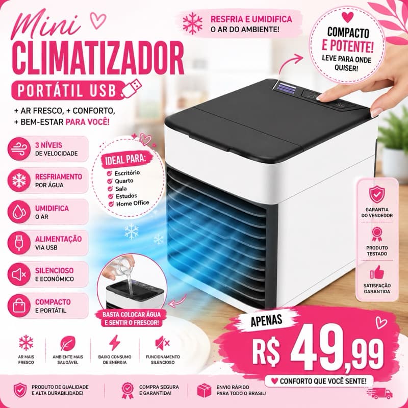 Mini Climatizador Portátil USB 3 Velocidades Ventilador Umidificador de Ar