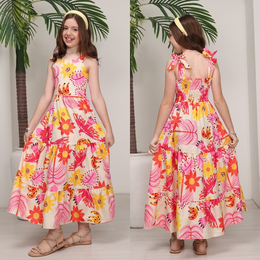 Vestido Estampado Juvenil Meninas Infantil Longo Tres Marias Alcinha de Amarrar