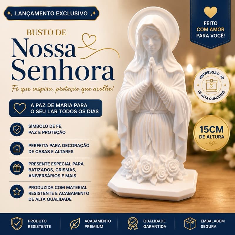 Imagem Nossa Senhora Decorativa 15cm Impressão 3D Branca Católica Enfeite Religioso Presente