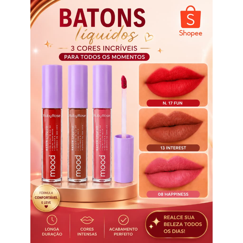 Batom Líquido Mood Vegano Ruby Rose com Alta Pigmentação
