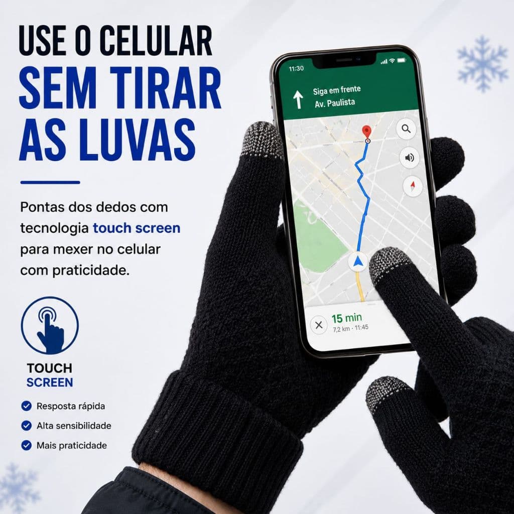 Luva de Frio Touch Screen Lã Motoboy Trabalho  Mexer no Celular Tablet Masculina Feminina Unissex