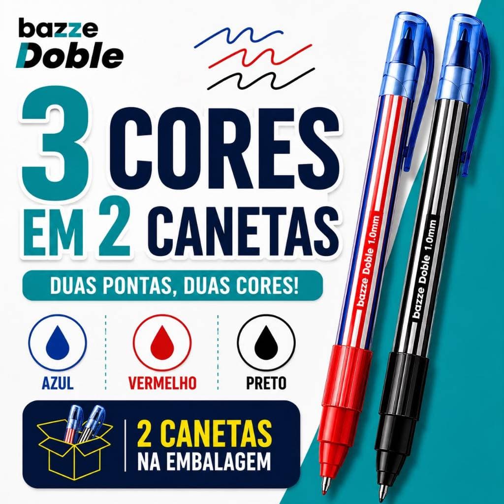 Caneta Esferográfica Doble Azul/Preto Azul/Vermelha Duas Pontas Duas Cores 1.0mm Bazze