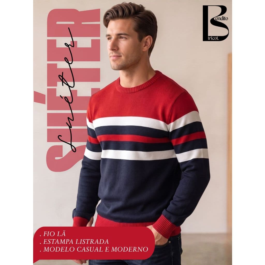 Blusa de Frio Suéter Masculina Tricô Listrado Gola Redonda Detalhe Canelado Casual Outono Inverno