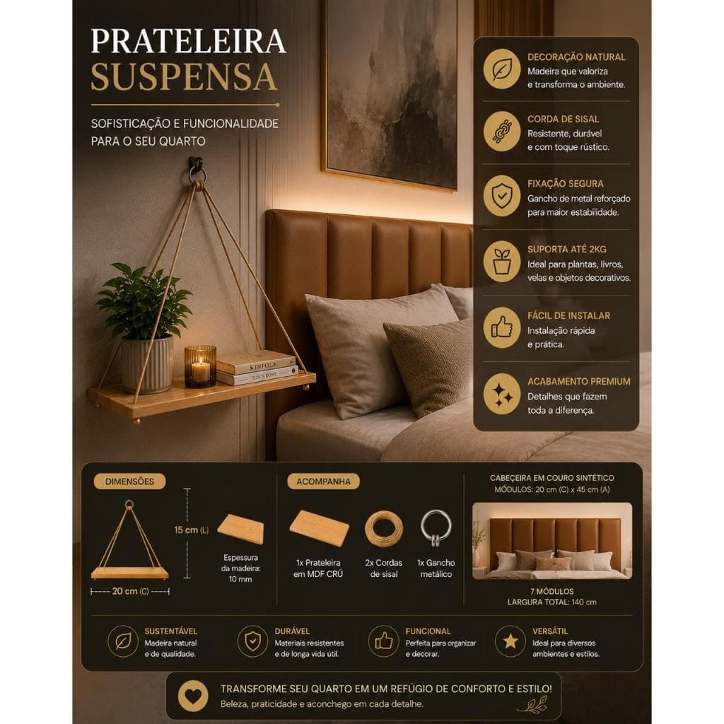 PRATELEIRA PREMIUM SUSPENSA MDP SISAL DECORAÇÃO PAREDE RÚSTICA MODERNA SALA QUARTO 2 3 4 OFERTA