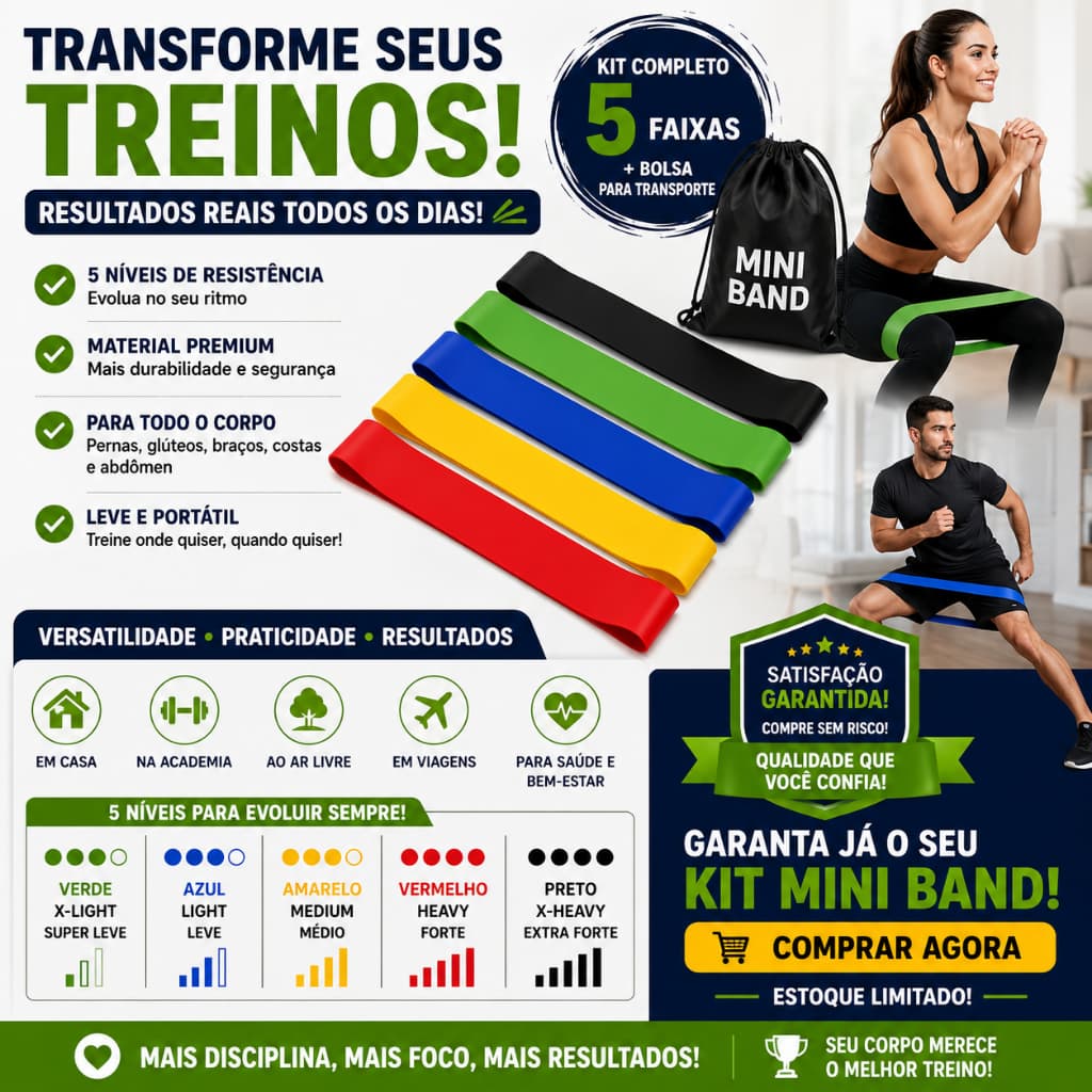 Mini Band Faixa Elástica Kit 5 Resistências Treino Glúteos Pilates Musculação Fisioterapia