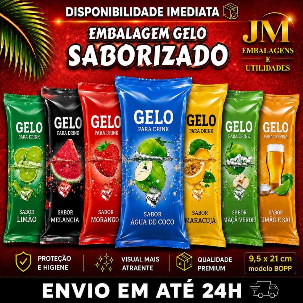 01 PACOTE Embalagem para Gelo Saborizado - (200 Embalagens) Bopp 9,5 x 21 Escolha o Modelo no chat.
