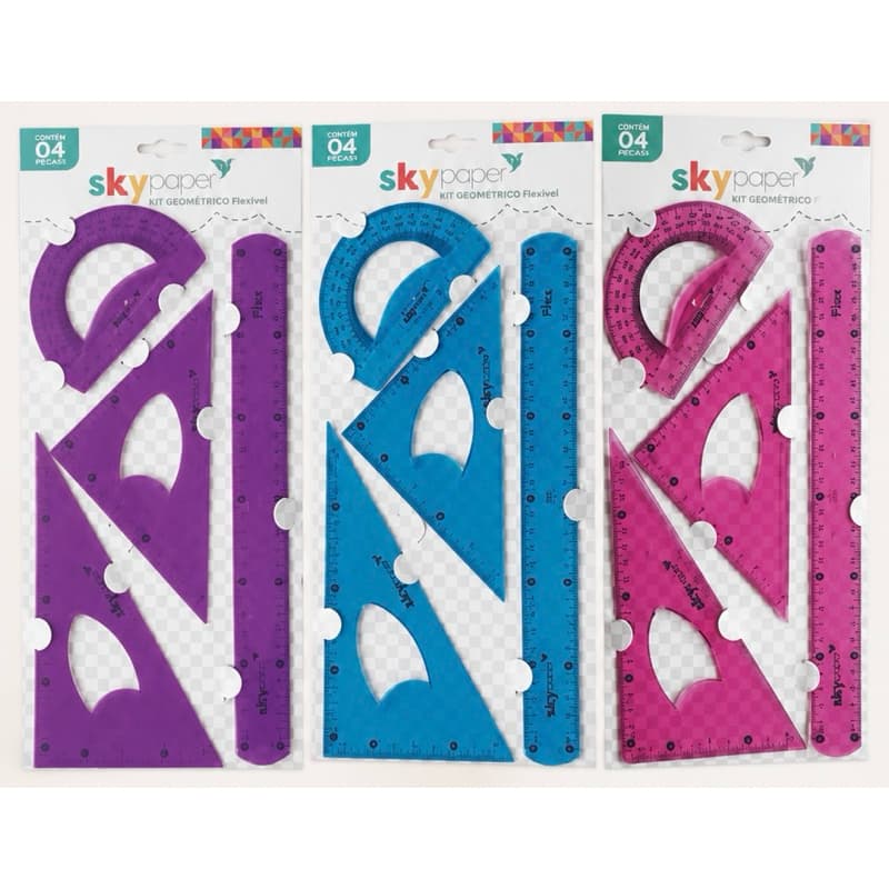 Kit Geométrico Flexível Skypaper com Régua, transferidor e esquadros - azul, rosa e roxo