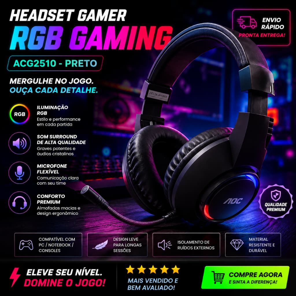 Fone de Ouvido Headset Gamer Jogos RGB Para PS3/PS4/PS5/PC Aoc ACG2510