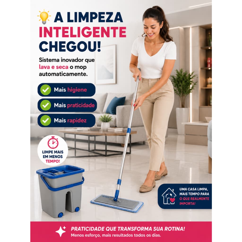 Mop Flat Lava e Seca com Balde Limpeza Inteligente Sem Molhar as Mãos 2 Refis Microfibra