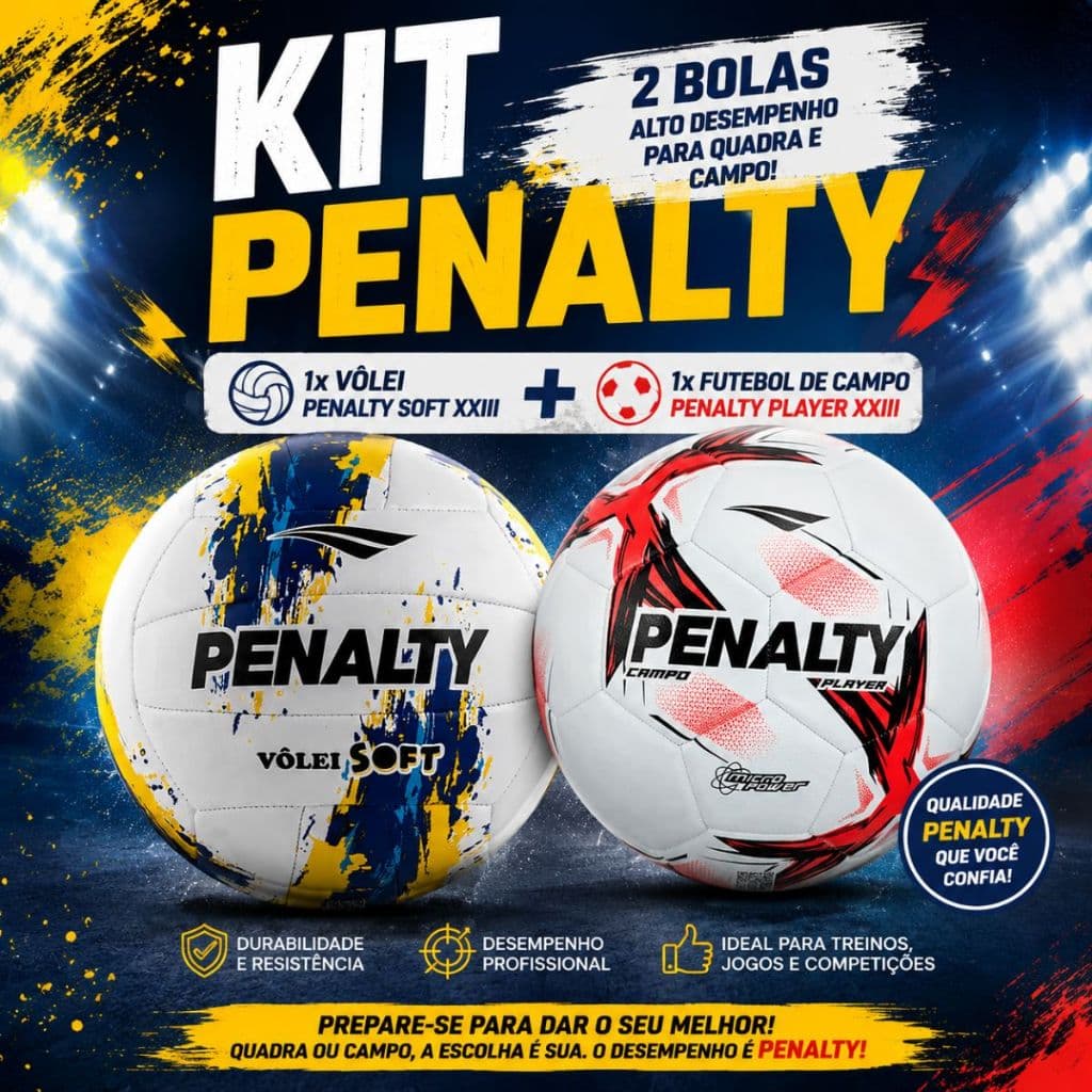 KIT 2 Bolas Penalty, Sendo 1 bola de Futebol Campo Player XXV + 1 Bola de Voley Soft XXIII