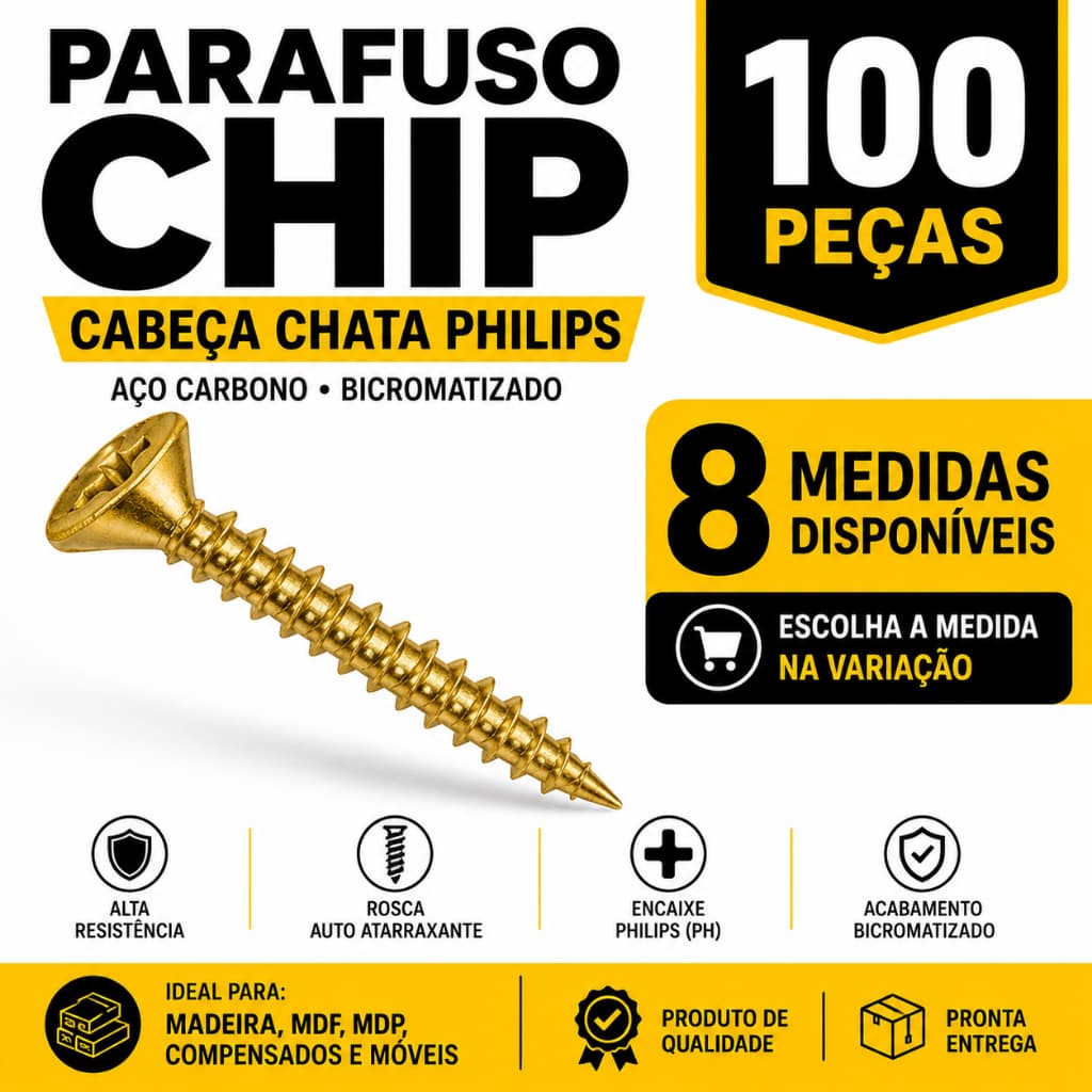 Monte Seu Kit Parafuso Chip Philips 100 Peças Madeira MDF MDP Marcenaria