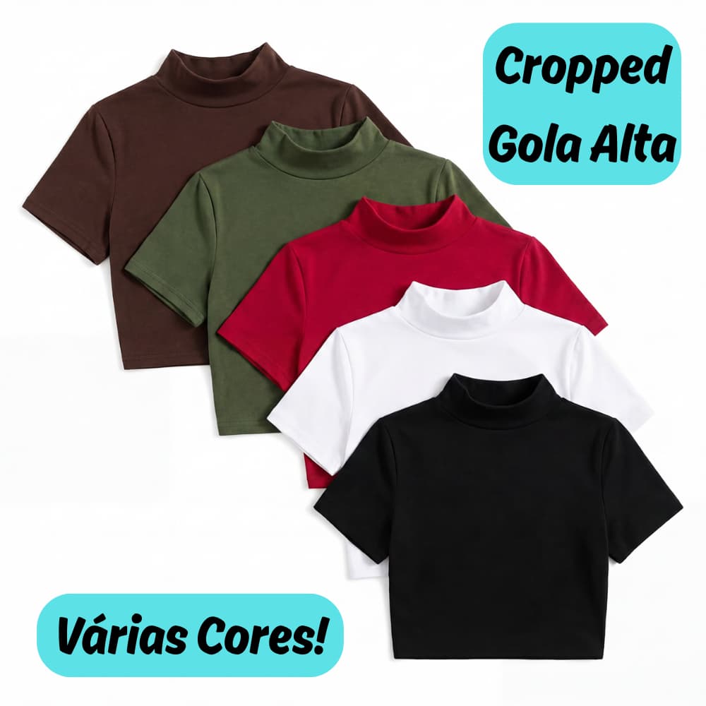 Cropped Blusinha LISA, Gola Alta Manga Curta - Básica Blogueira Alternativa Feminina Casual