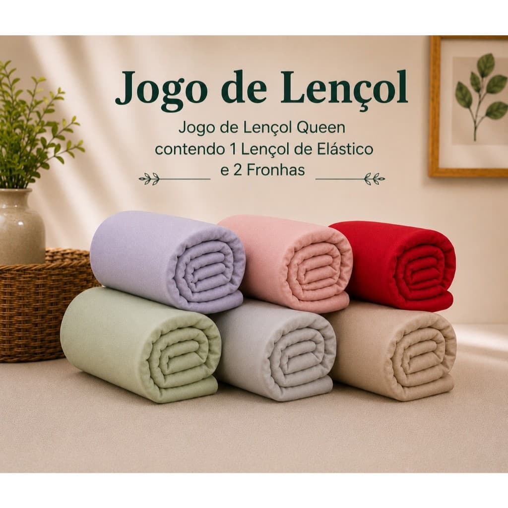 Jogo de Cama Queen 100% Algodão Lençol com Elástico Toda Volta + 2 Fronhas Toque Macio