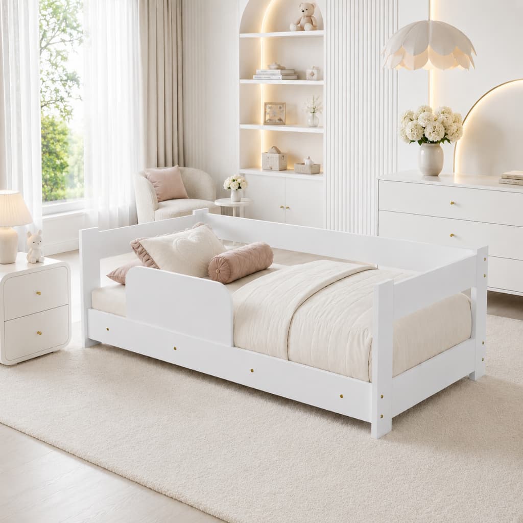 Cama Infantil Montessoriana Escandinava Moderna Clássica com Colchão Baby Grade de Segurança Branco