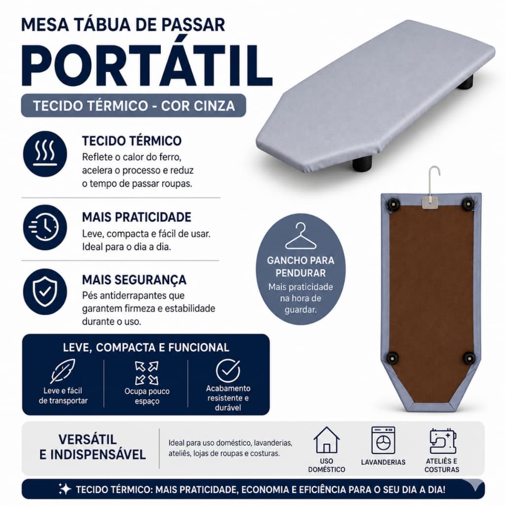 Mesa Tabua De Passar Portátil Tecido térmico Na Cor Cinza
