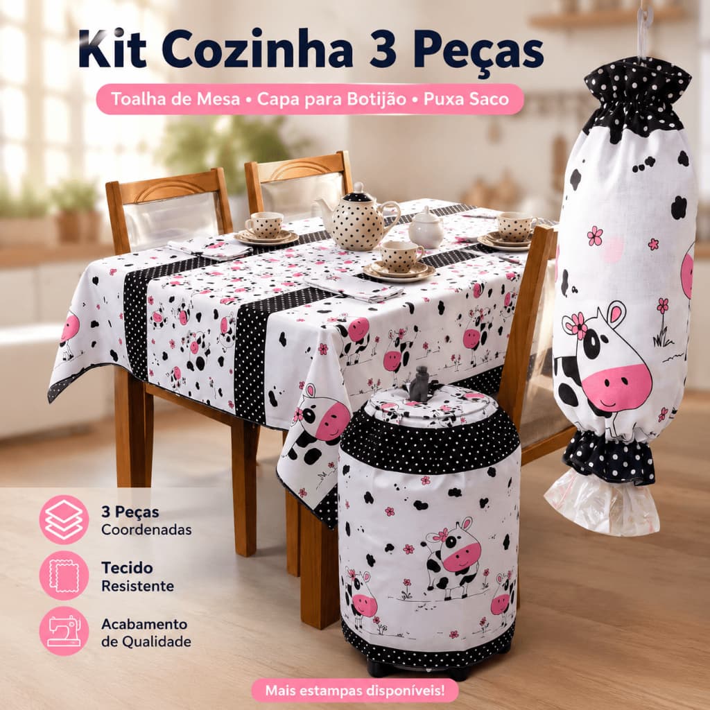Kit Cozinha 3 Peças Toalha Mesa 145x145 Capa Botijão Gás 13kg Puxa Saco Decoração Organização
