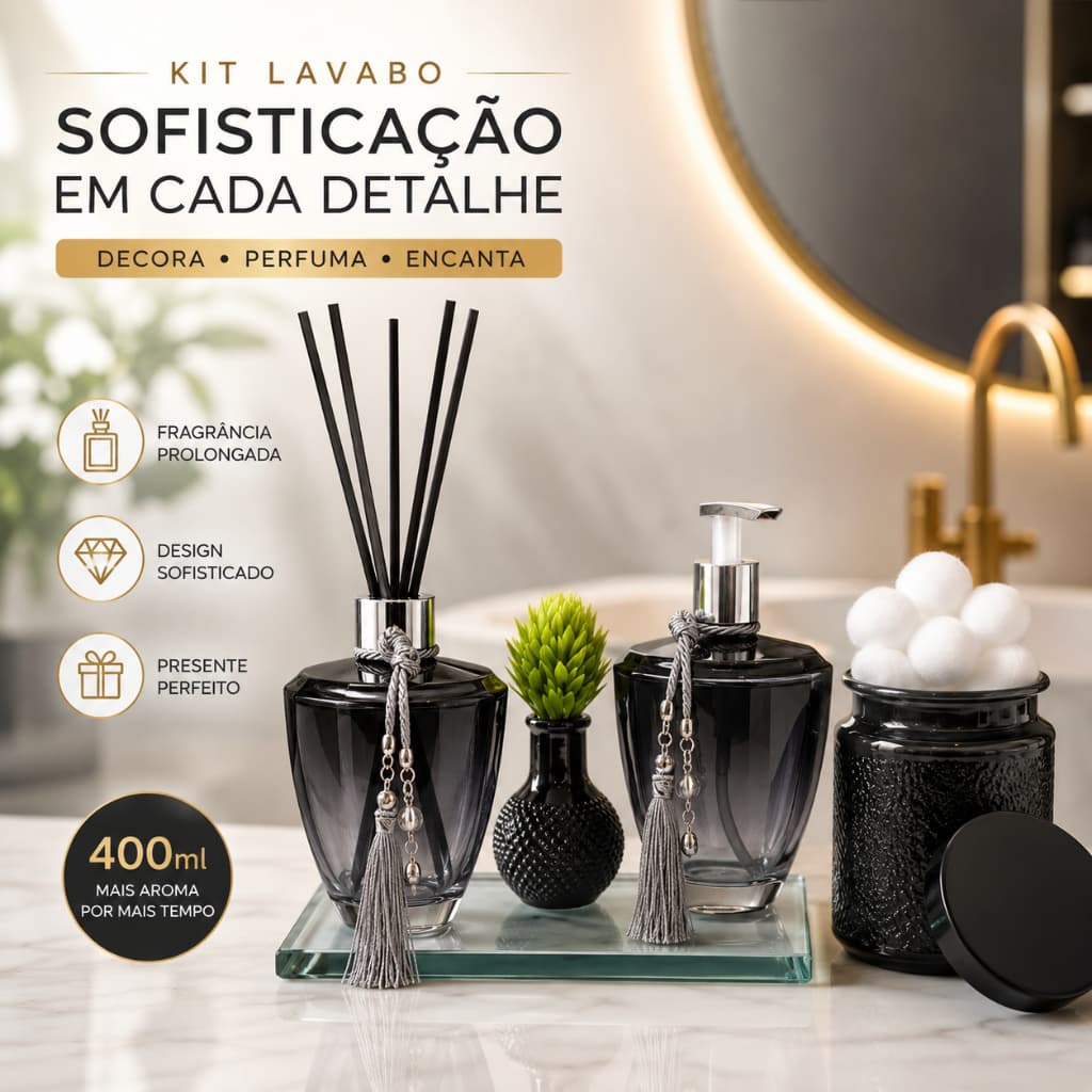 Kit Banheiro Lavabo Premium Conjunto Porta Algodão Acessórios Escova Maquiagem 5 Peças Luxo Preto