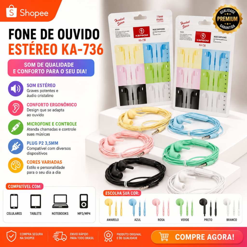 Kit Fone De Ouvido Com Fio E Microfone Colorido Ou Preto P2 Kit 1 A 3 Unidades/ Branco Preto Azul Rosa Verde