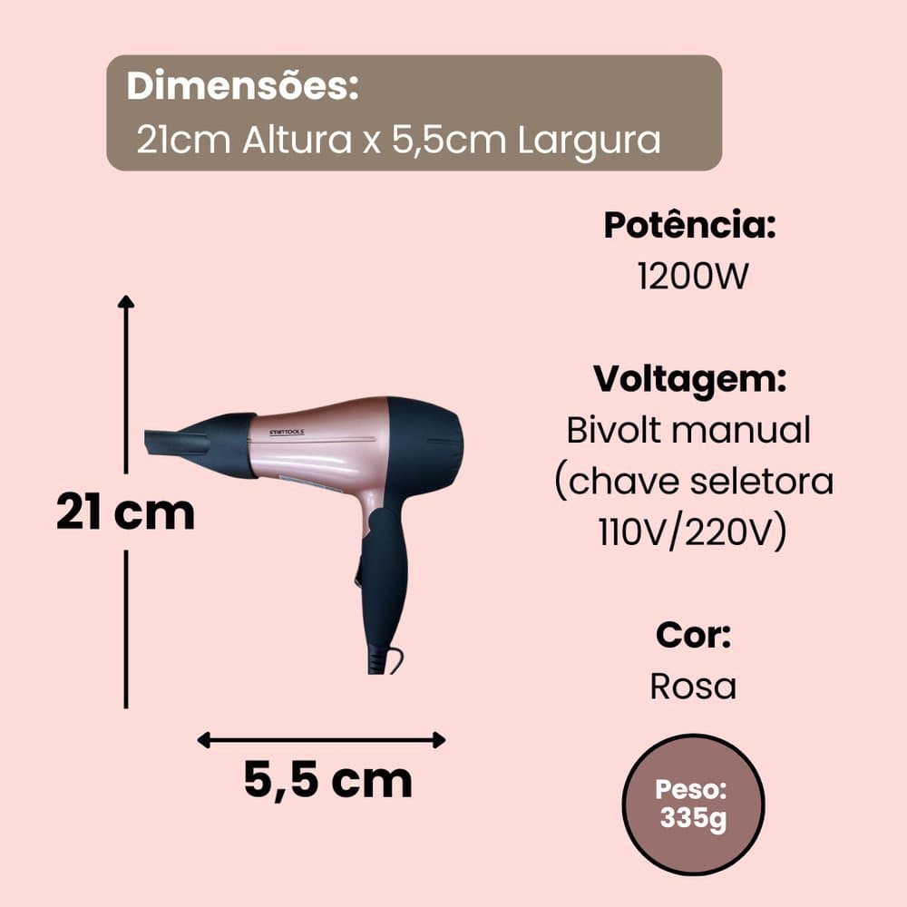 Secador de Cabelo Portátil 1200W Bivolt - Rosa